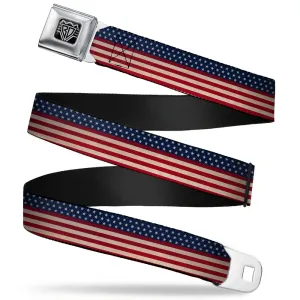 BD Wings Logo CLOSE-UP Full Color Black Silver Seatbelt Belt - American Flag Stripe Webbing