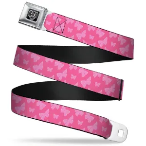 BD Wings Logo CLOSE-UP Full Color Black Silver Seatbelt Belt - Butterflies Pink Webbing