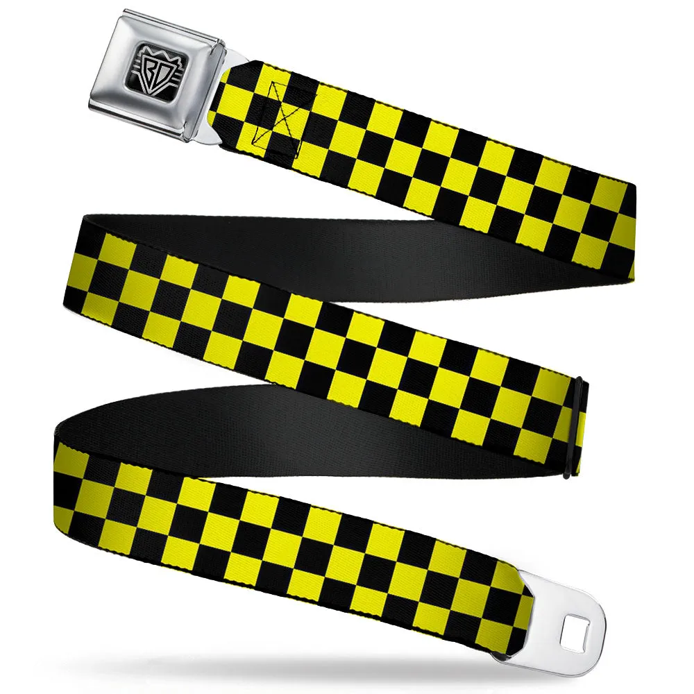BD Wings Logo CLOSE-UP Full Color Black Silver Seatbelt Belt - Checker Black/Neon Yellow Webbing