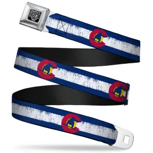 BD Wings Logo CLOSE-UP Full Color Black Silver Seatbelt Belt - Colorado Flag/Snowboarder Weathered Webbing
