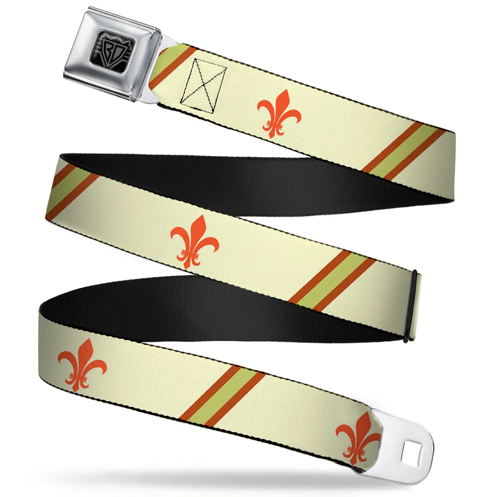 BD Wings Logo CLOSE-UP Full Color Black Silver Seatbelt Belt - Fleur-de-Lis2 Stripes Tan/Orange/Brown/Green Webbing