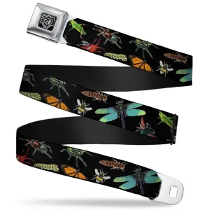 BD Wings Logo CLOSE-UP Full Color Black Silver Seatbelt Belt - Insects Scattered CLOSE-UP Black Webbing