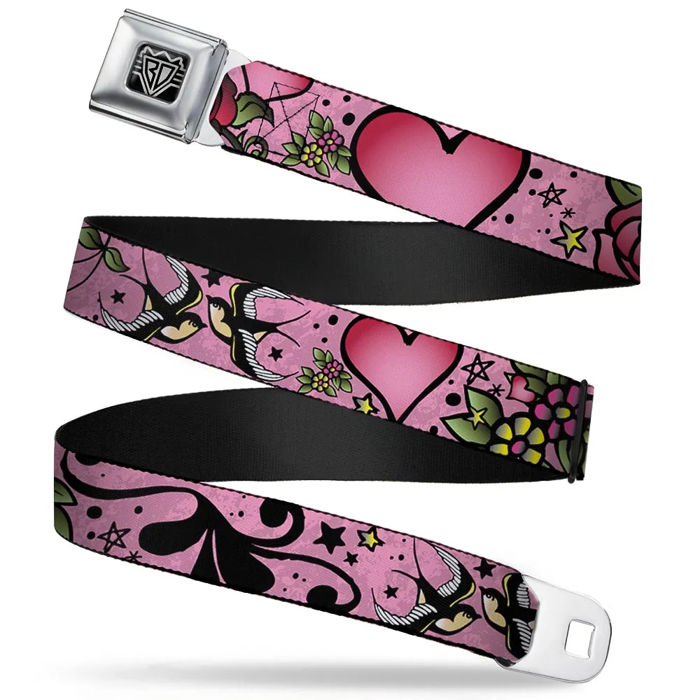 BD Wings Logo CLOSE-UP Full Color Black Silver Seatbelt Belt - Mom & Dad CLOSE-UP Pink w/Sparrows Webbing