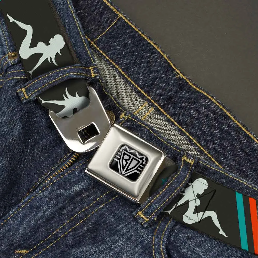BD Wings Logo CLOSE-UP Full Color Black Silver Seatbelt Belt - Mud Flap Girls w/Stripes Gray/Turquoise/Orange Webbing
