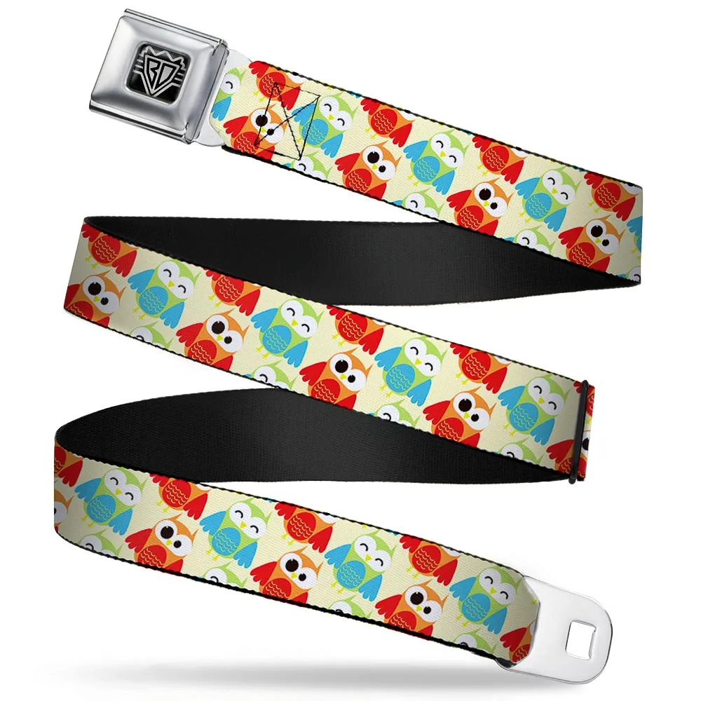 BD Wings Logo CLOSE-UP Full Color Black Silver Seatbelt Belt - Owl Eyes Yellow/Reds/Blues Webbing
