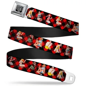 BD Wings Logo CLOSE-UP Full Color Black Silver Seatbelt Belt - Pin Up Girl Poses Buffalo Plaid Blocks Black/Red Webbing
