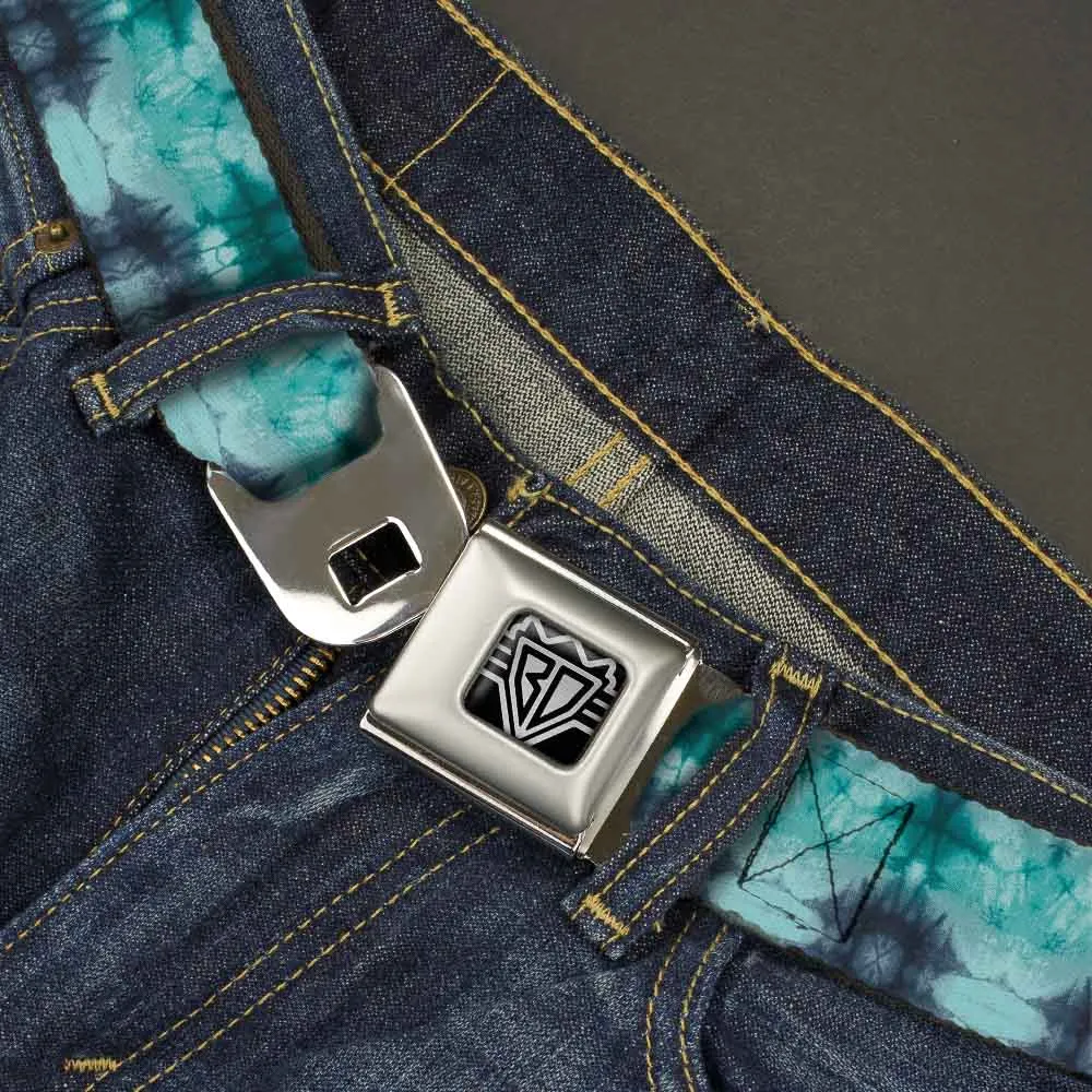 BD Wings Logo CLOSE-UP Full Color Black Silver Seatbelt Belt - Tie Dye Reflection Turquoise Blues Webbing