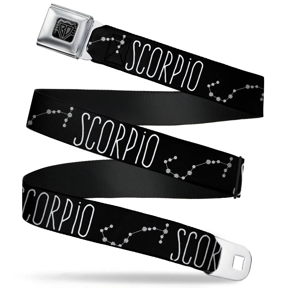 BD Wings Logo CLOSE-UP Full Color Black Silver Seatbelt Belt - Zodiac SCORPIO/Constellation Black/White Webbing