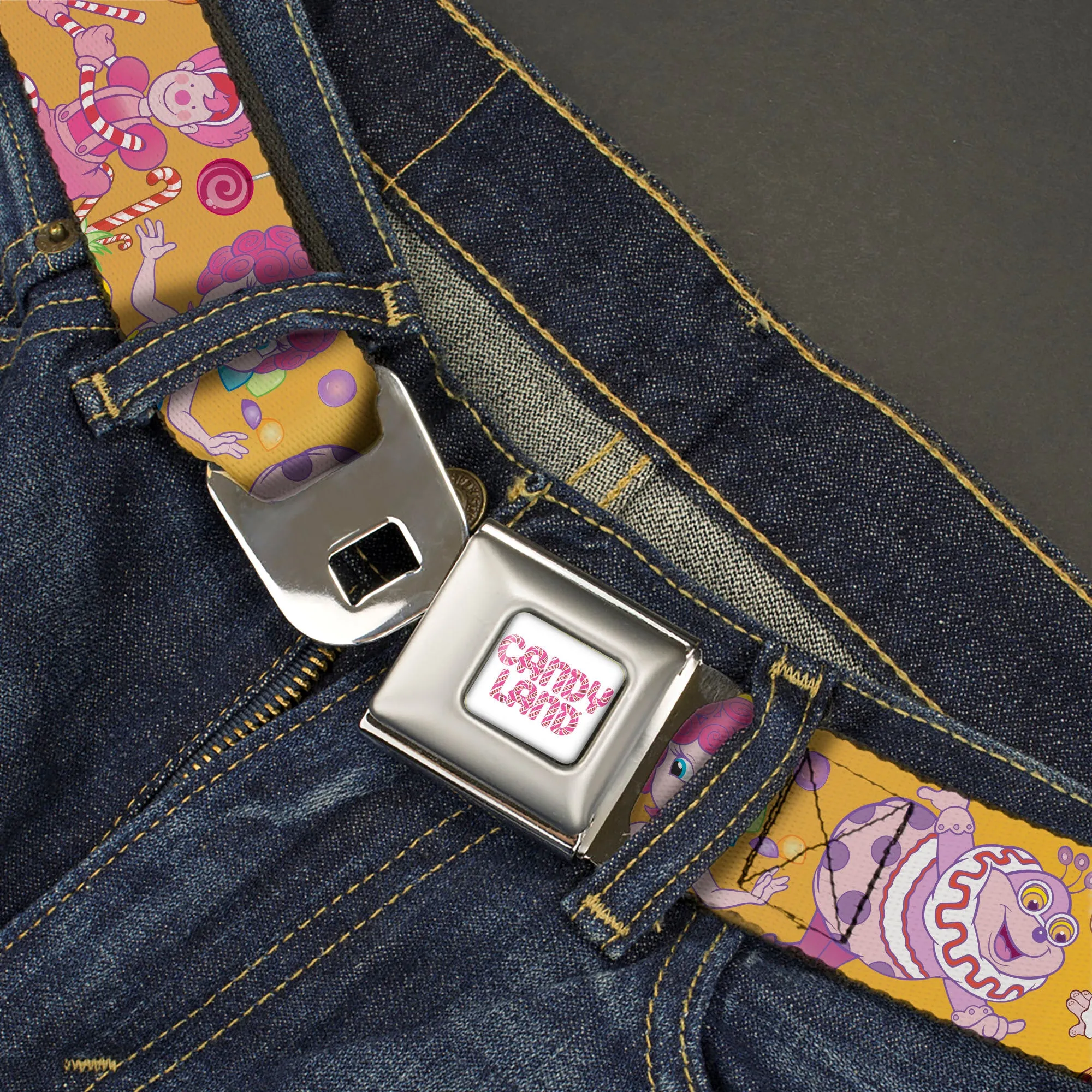 CANDY LAND Game Logo White/Pink Seatbelt Belt - Candy Land Characters and Candy Collage Yellow Webbing