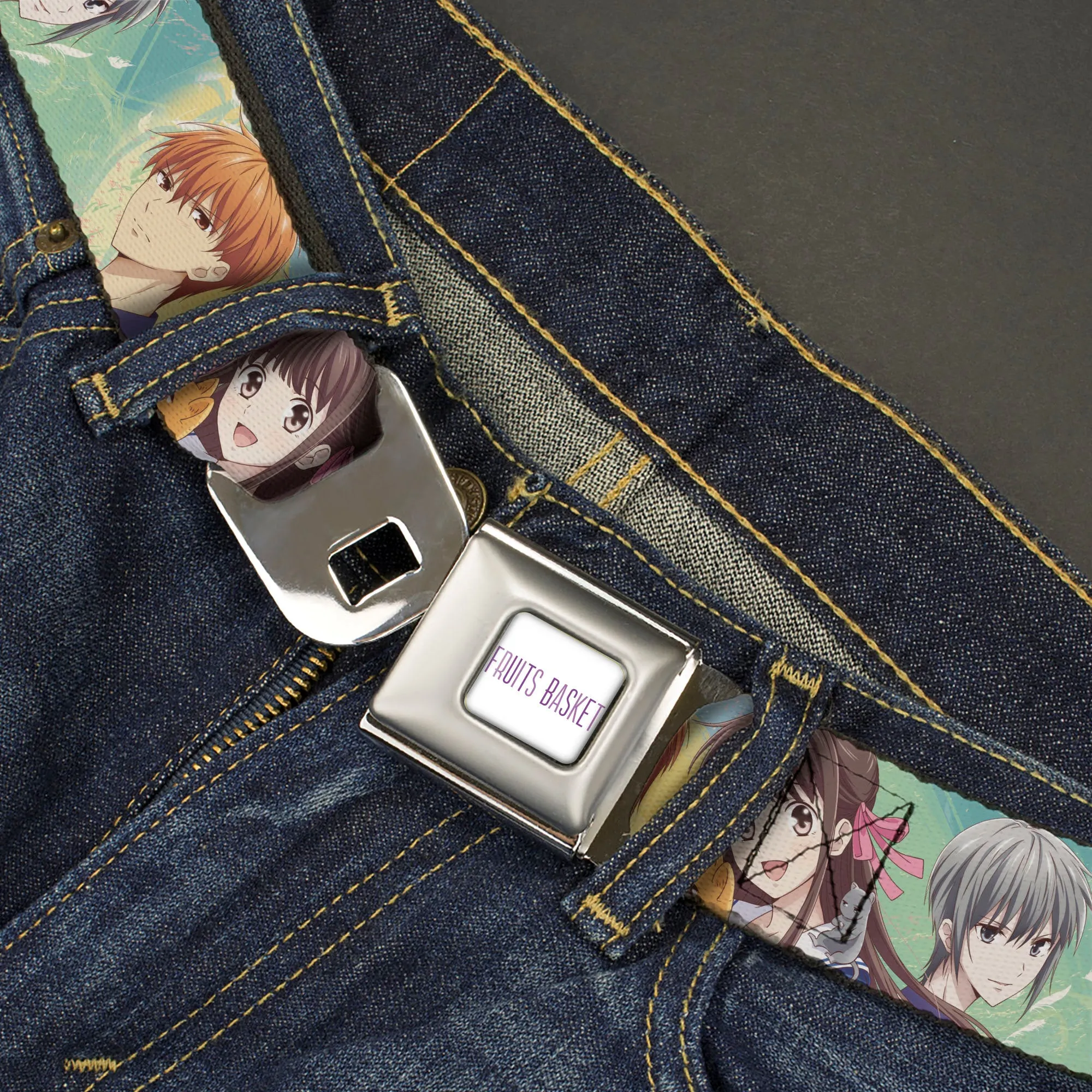 FRUITS BASKET Title Logo Full Color White/Purple Seatbelt Belt - Fruits Basket Kyo Tohru Yuki Group Pose Greens/Blues Webbing
