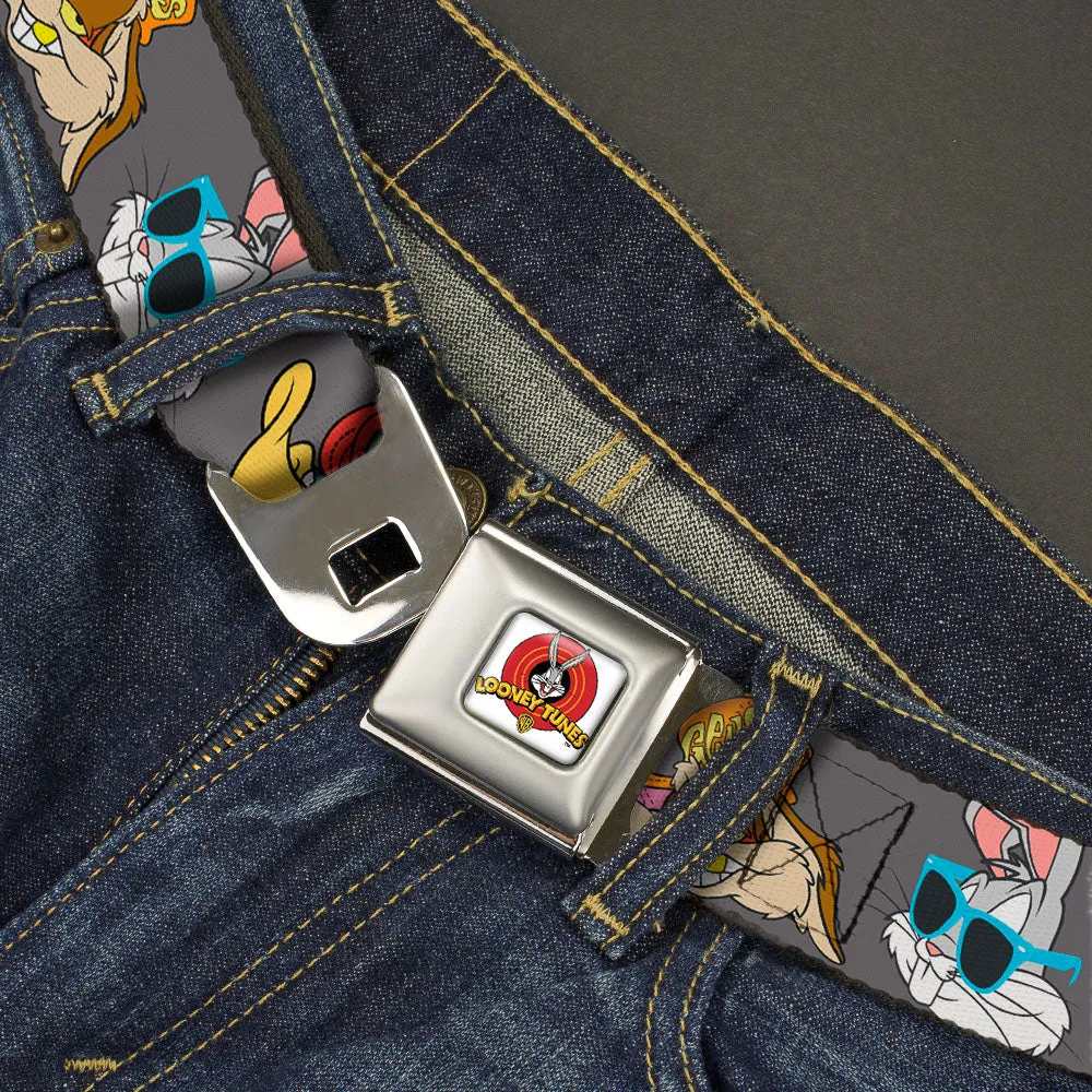 Looney Tunes Logo Full Color White Seatbelt Belt - Looney Tunes 5-Hip Hop Expressions Gray Webbing
