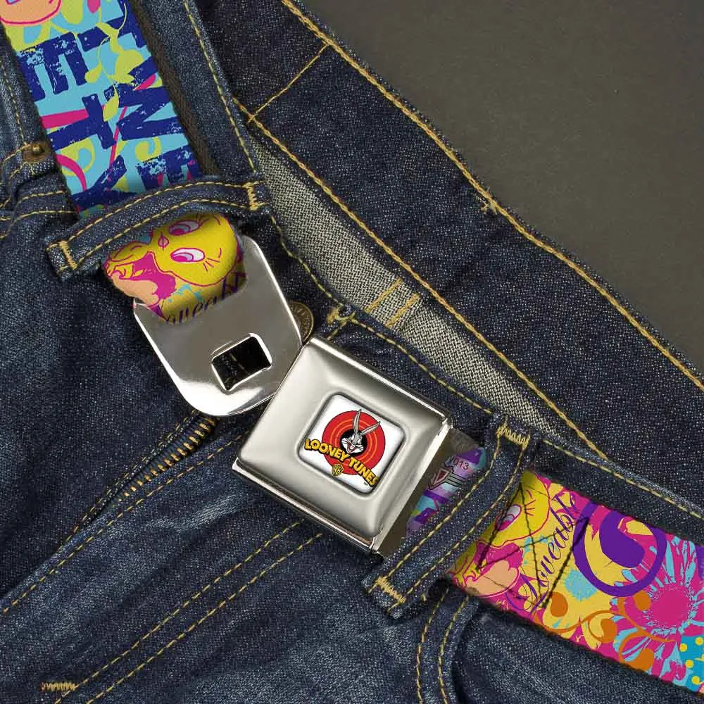 Looney Tunes Logo Full Color White Seatbelt Belt - Tweety Bird Poses LITTLE CUTIE-LOVEABLE Blue/Multi Color Webbing