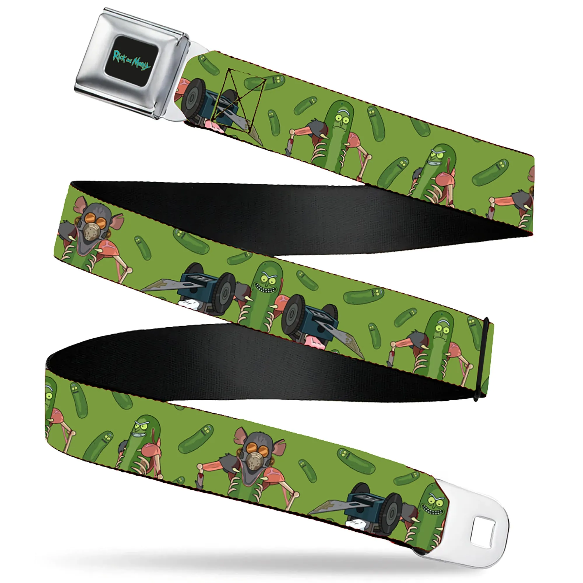 RICK AND MORTY Text Logo Full Color Black/Blue Seatbelt Belt - Rick and Morty Pickle Rick Rat Suit Poses Green Webbing