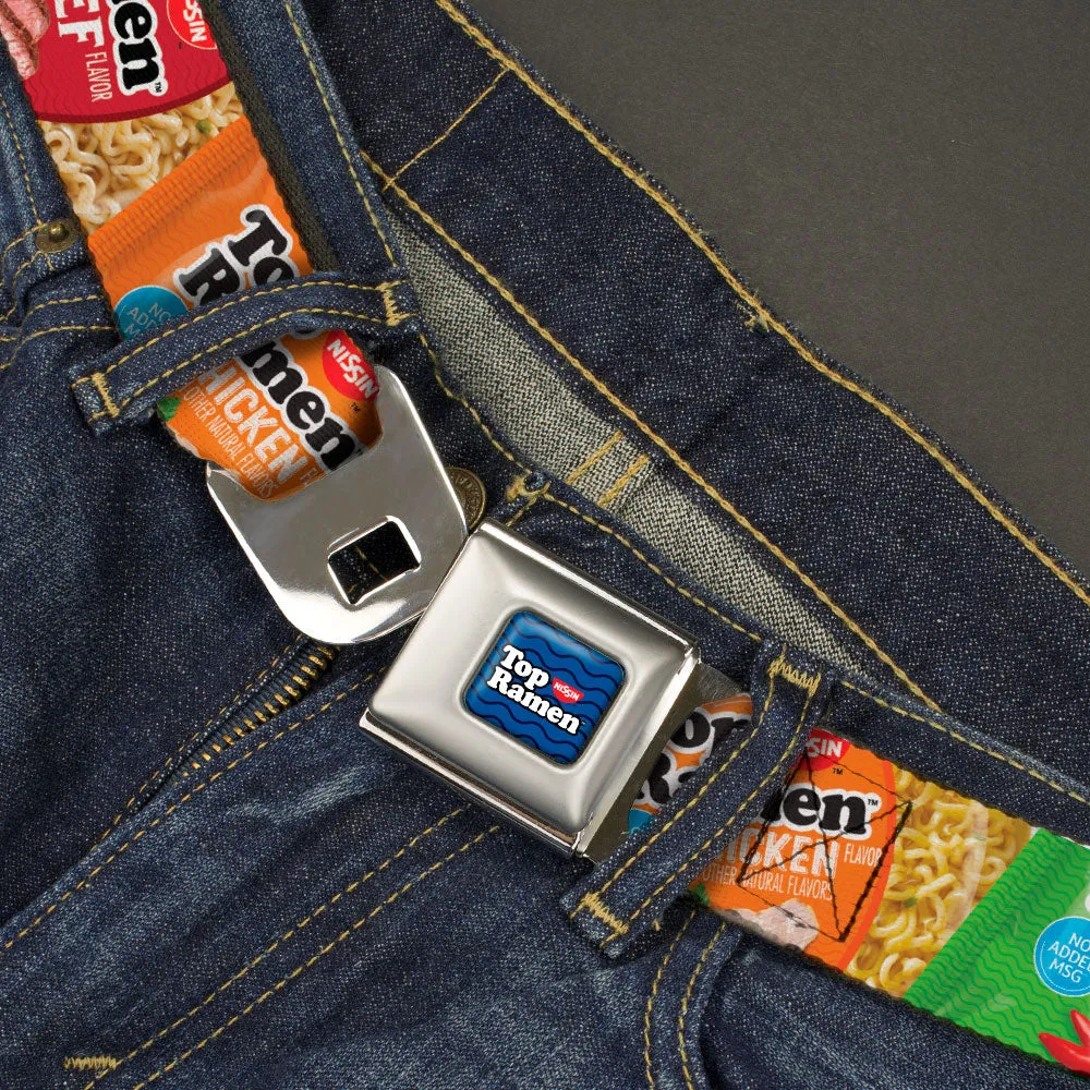TOP RAMEN Noodle Wave Full Color Blue/Black/White Seatbelt Belt - Top Ramen Vivid Flavor Packages Stacked Multi Color Webbing