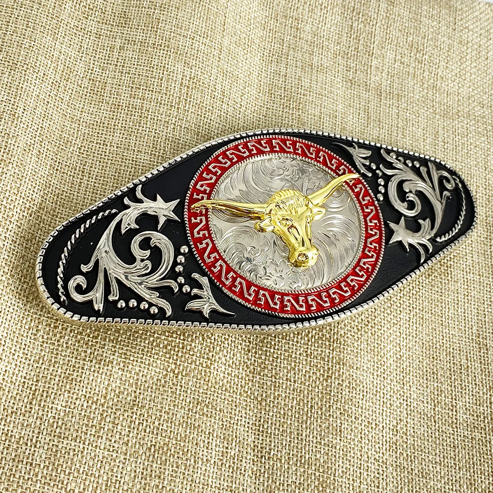 TOPACC Western Genuine Leather Pattern Tooled Belt - Rodeo Longhorn Bull Engraved Flower Belt Buckle