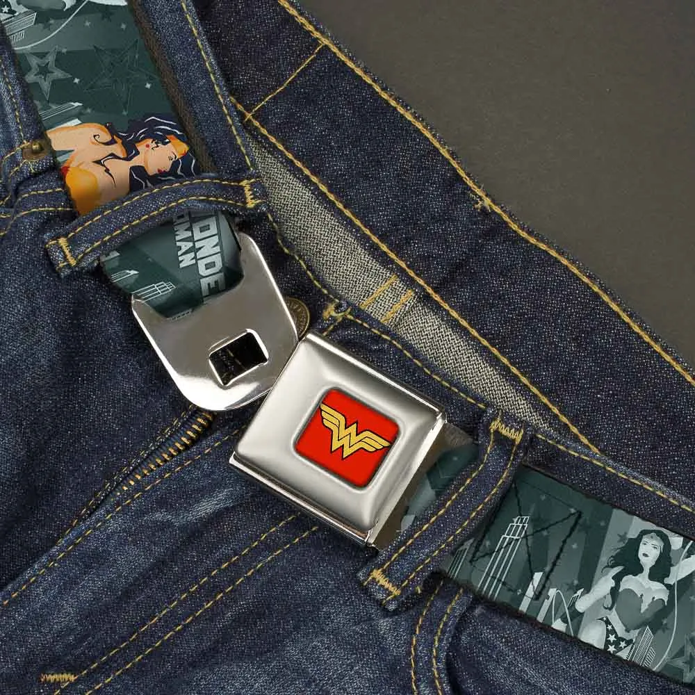Wonder Woman Logo Full Color Red Seatbelt Belt - WONDER WOMAN 4-Poses Skyline & Stars Blues Webbing